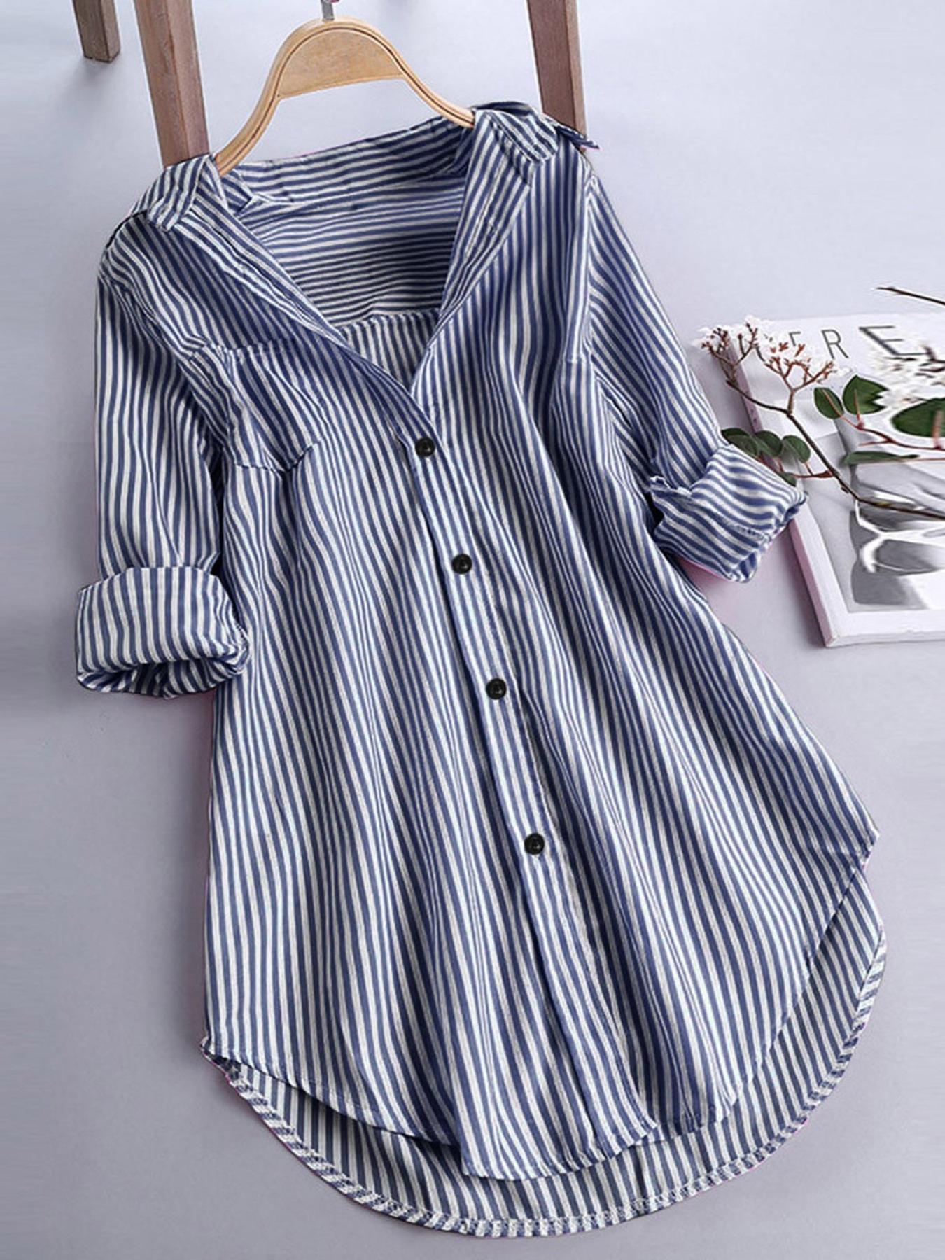 Plus Size Women's Striped Button Shirt, Loose Long Sleeve Casual Top, All Seasons Wear, Perfect for Office & Daily Use
