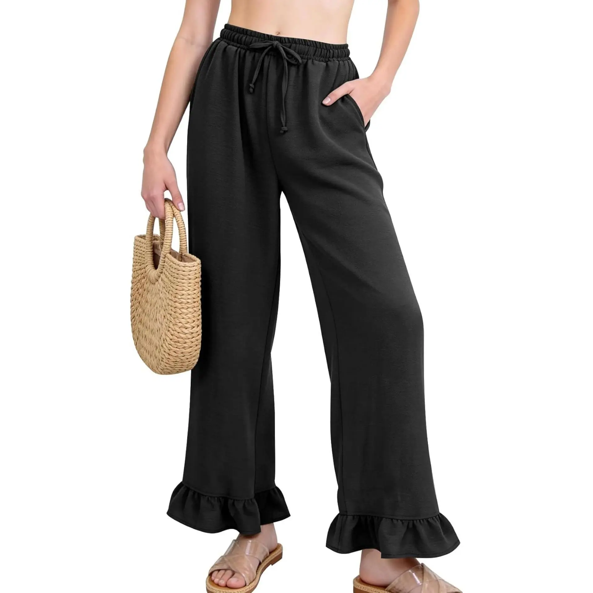 Women's Fashion Bottoms, Boho Sardine Print Wide Leg Pants with High-Waist Drawstring, Ruffle Hem & Pockets, Flowy Elastane Summer Fashion Apparel, Clothes, Leopard Print, Ruffle Pants