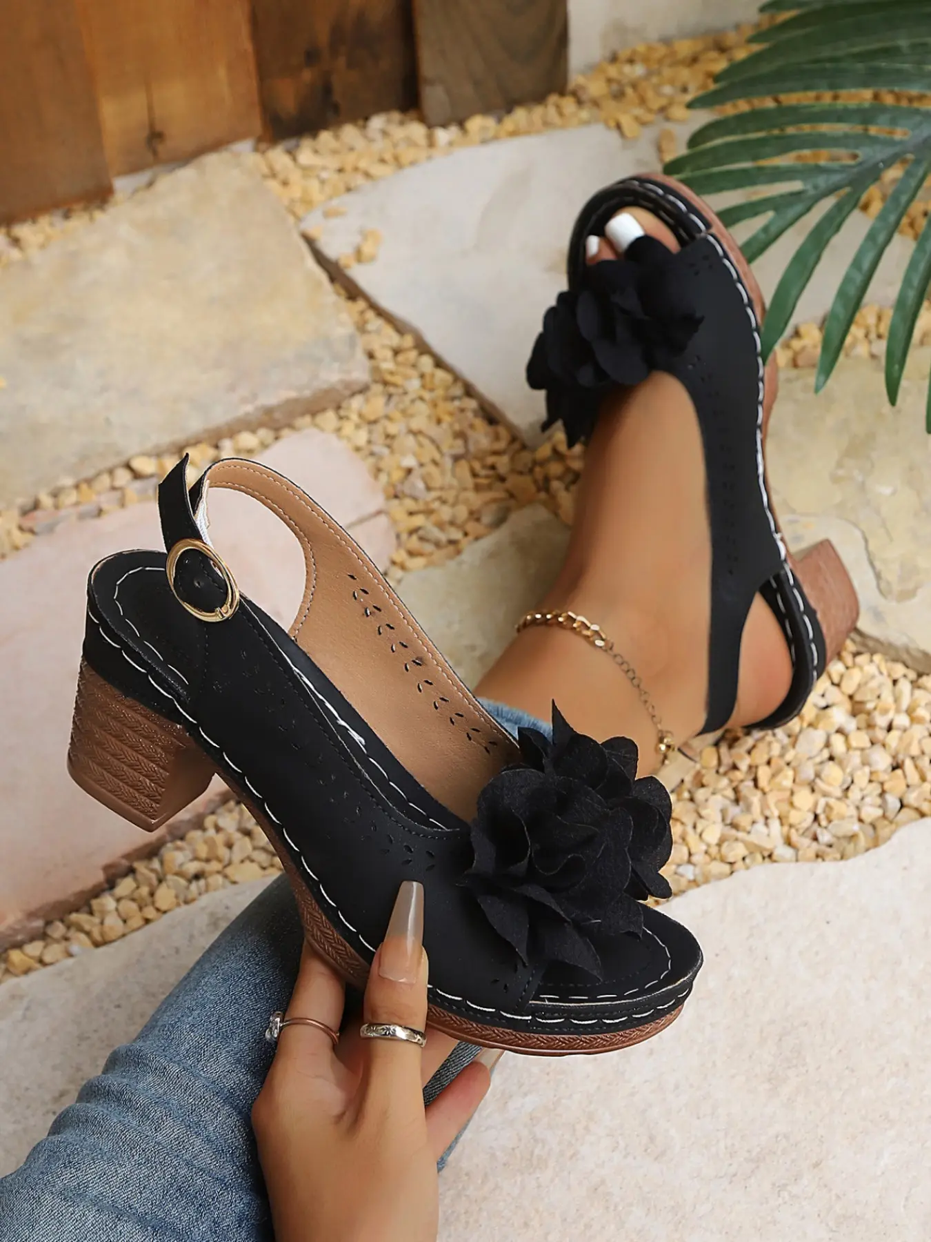 Women's Floral Chunky Heel Fish Mouth Sandals, Summer Backless Buckle Waterproof Thick Sole Casual Shoes, Elderly Outdoor Slippers