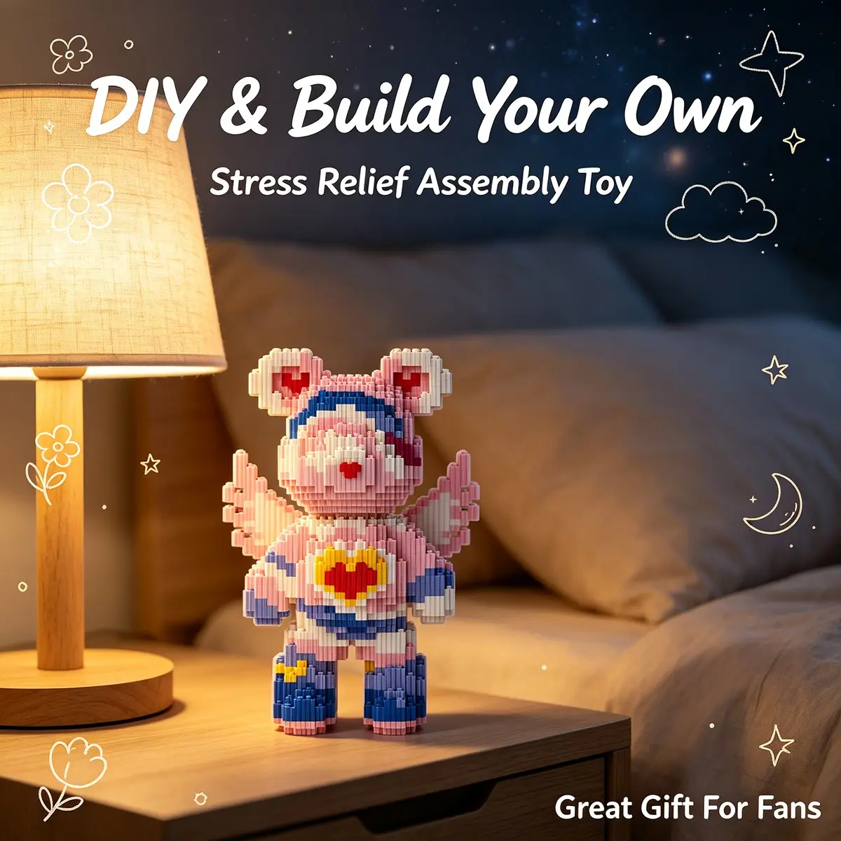 Warm Light Starry Sky Heart Angel Bear 3D Interlocking Puzzle Block Decor, Ideal Gift for Holidays, Home & Party Decoration, Handmade Craft