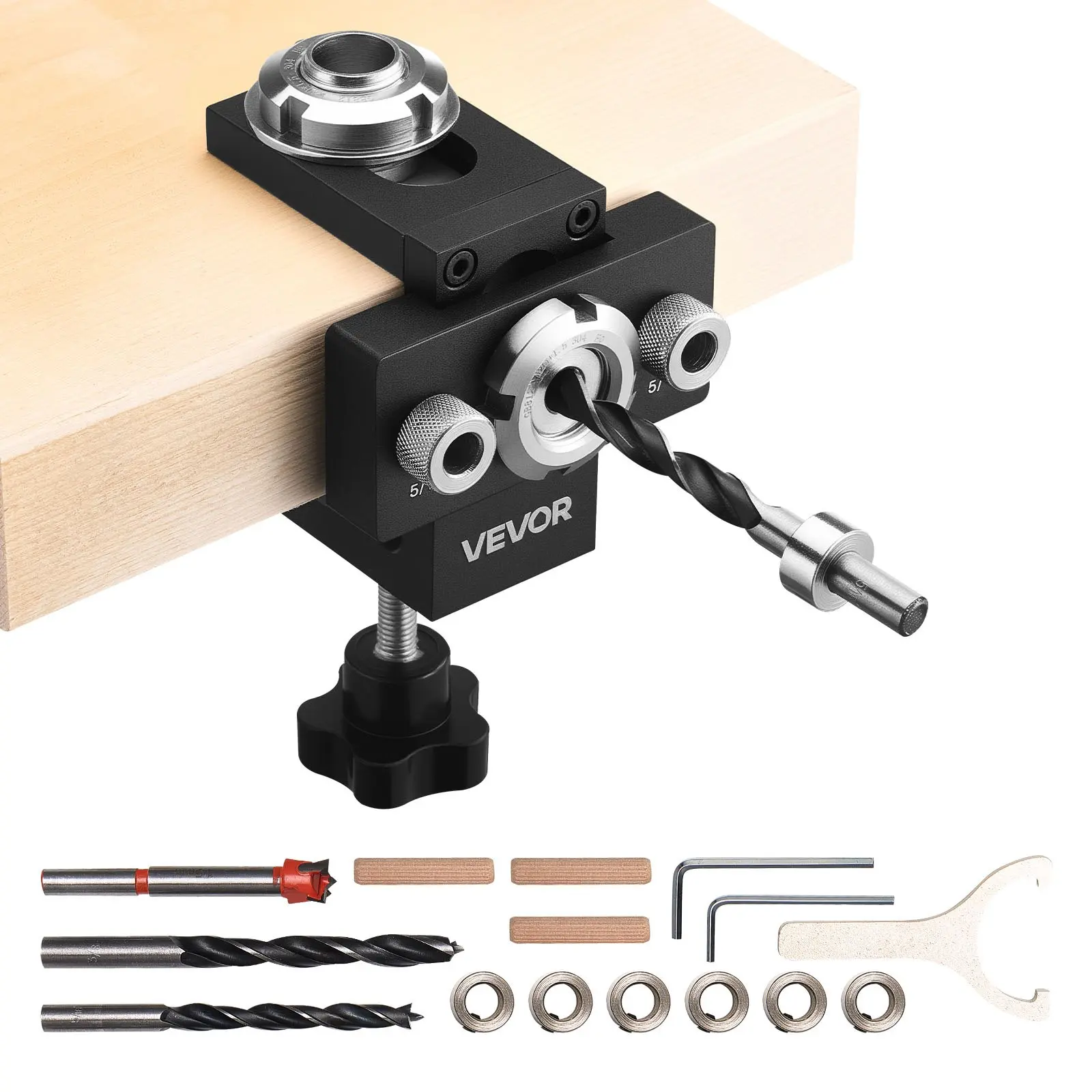VEVOR Self-Centering Doweling Jig Kit with Wrenches (SSXR2503), Aluminum Alloy Woodworking Joint Tool, 3 Drill Bits (5/16", 3/8", 19/32"), Adjustable Width for Straight Holes in Thick Boards, 1.76 lbs, Ideal for Tables, DIY Projects
