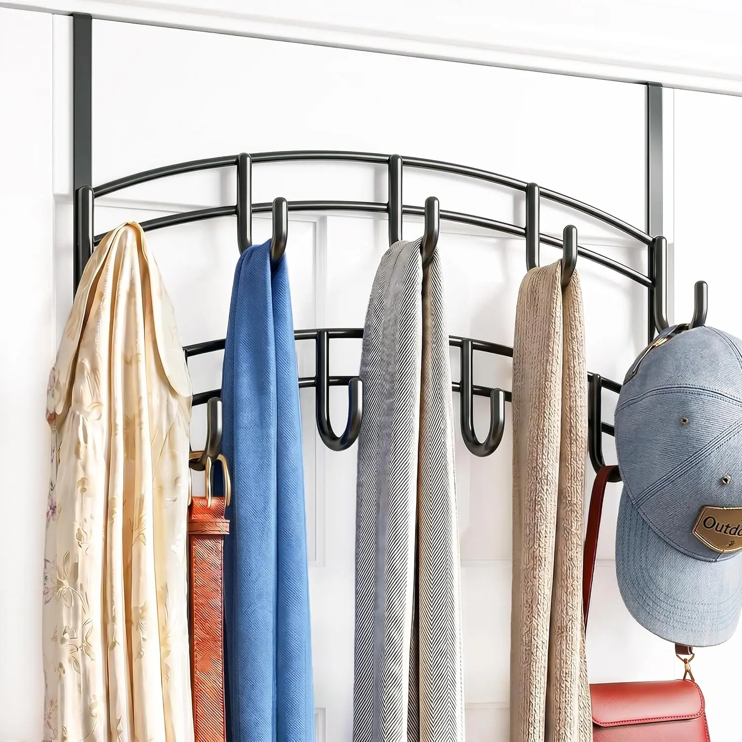 Over The Door Hooks 9 Hook, Heavy Duty Door Hanger Rack for Clothes, Towels, Coats, Bags & Home Storage Organizer