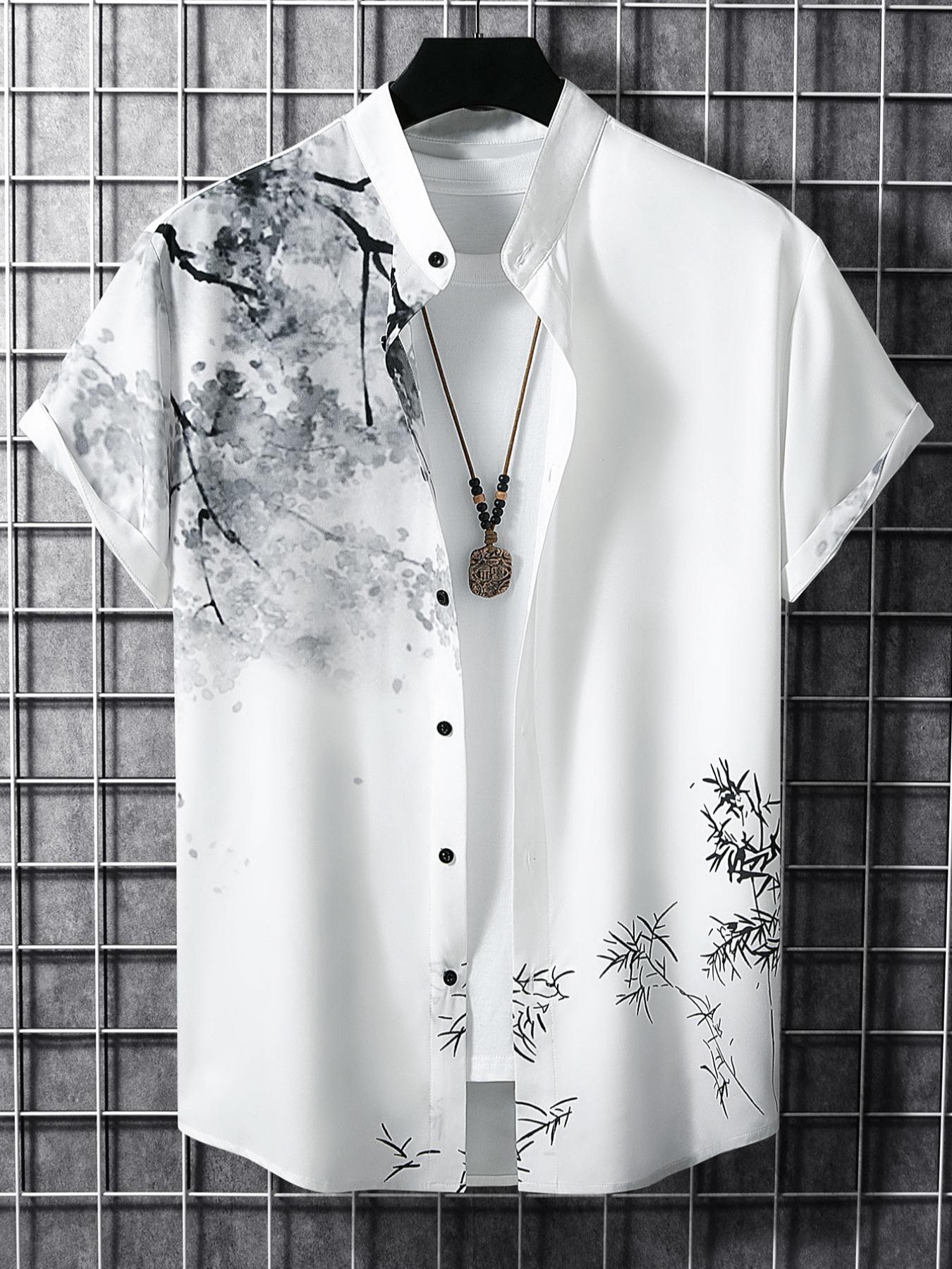 Men's Regular Fit Leaf & Floral Print Button Front Shirt without Tee & Necklace, Casual Comfy Short Sleeve Stand Collar Top for Spring & Summer, National Day Clothing, Casual Stylish Menswear, Fashion Men's Clothes for Daily Wear