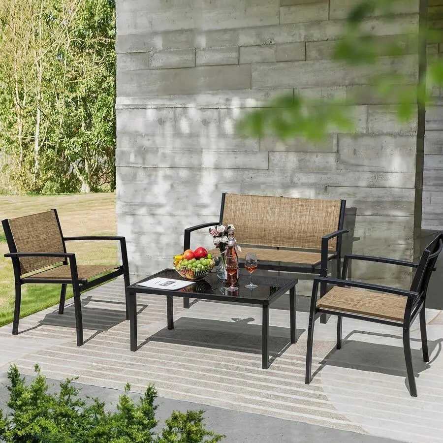 Flamaker 4 Pieces Patio Furniture Outdoor Furniture Outdoor Patio Furniture Set Textilene Bistro Set Modern Conversation Set Black Bistro Set With Loveseat Tea Table