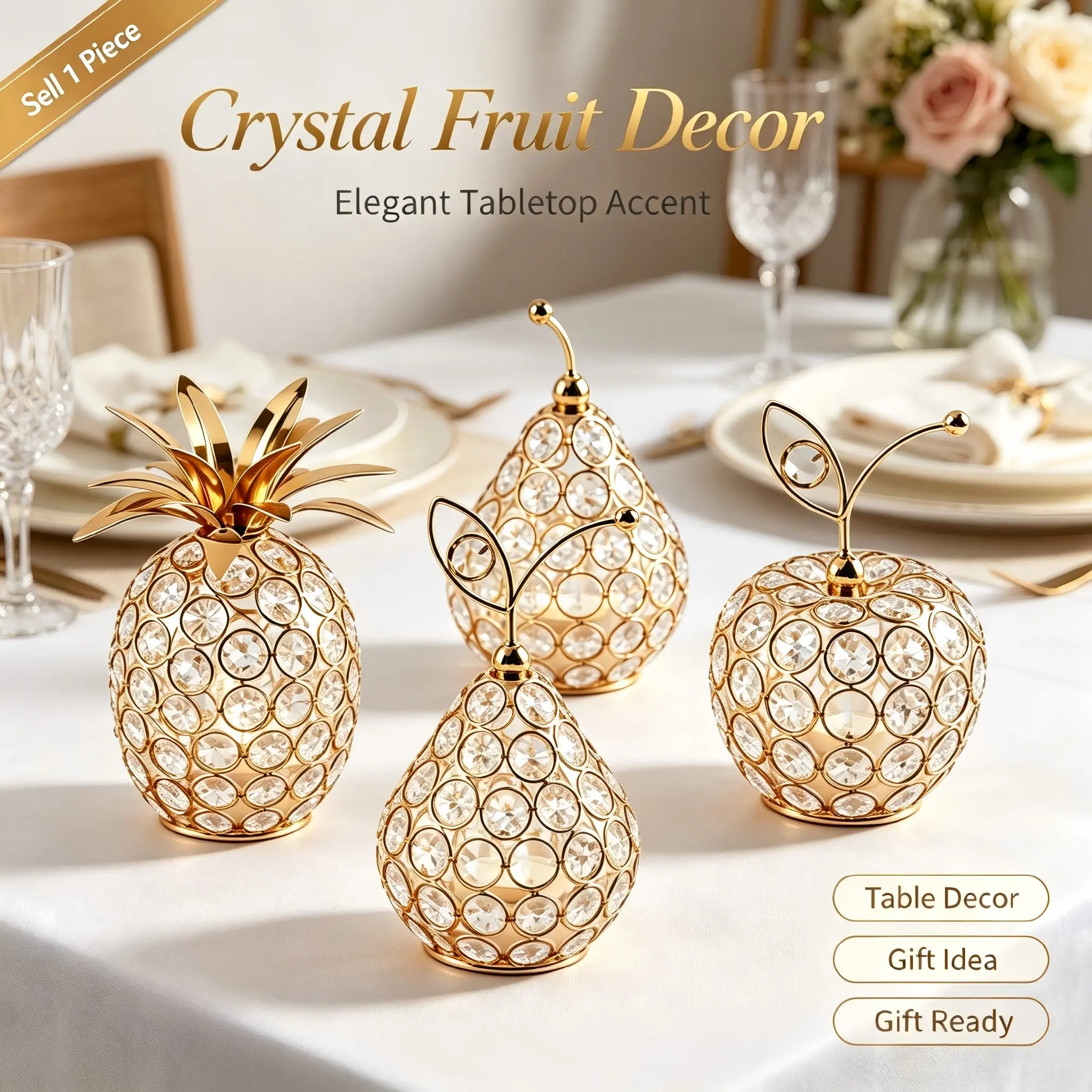 Luxury Fruit Decorative Ornaments, Pineapple Pear Apple Desktop Decoration, Metal Crystal Art Craft, Living Room Wedding Décor