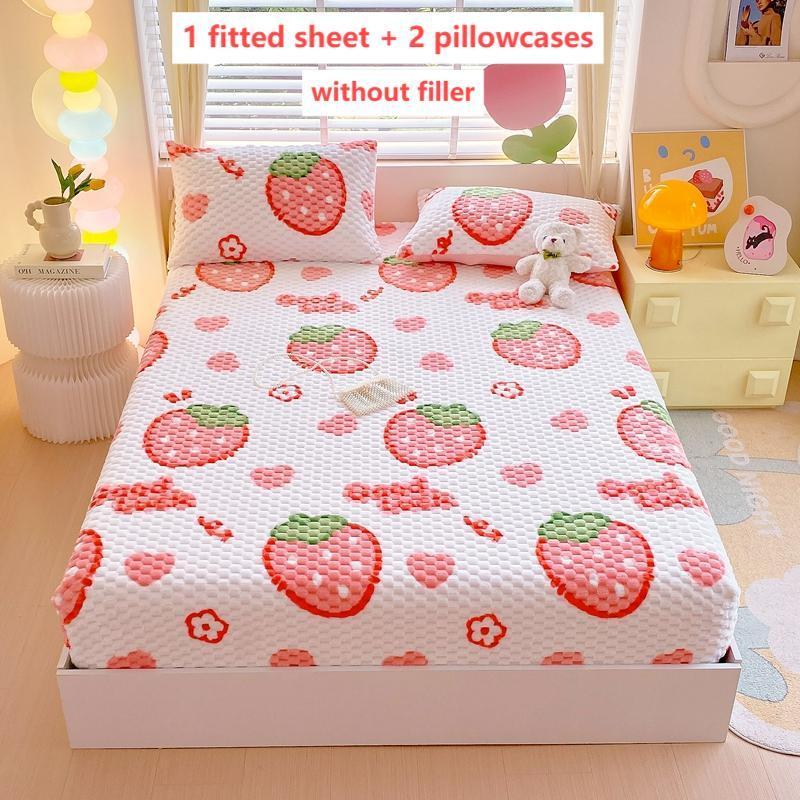 Thickened Cartoon Bedding Set, 1 Count Fitted Sheet & 2 Counts Pillowcase without Filler, Warm Touch Dustproof Soft and Comfortable Bedding, Soft Breathable Sheet, Bedding Sheets, Suitable for Bedroom and Guest Rooms #GLOBAL PICKS