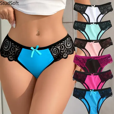 6Pcs Lace Bikini Panties for Women Sexy Contrast Color Underwear Cheeky Bow Multipack Breathable Soft Briefs for Daily Lounge Honeymoon Romantic Night,sohochic