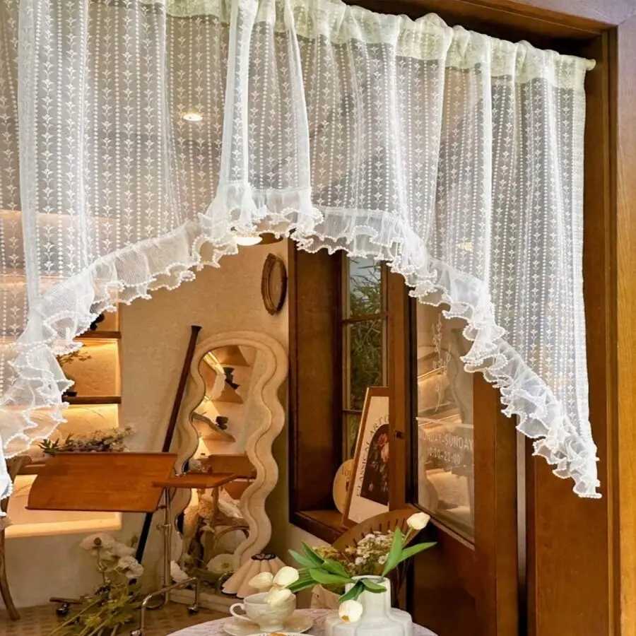 1pc Premium Lace Ruffle Sheer Curtain Panel, Elegant Design Small Window Valance, Cabinet Door Curtain, Window Drapes, Ready Made Curtains