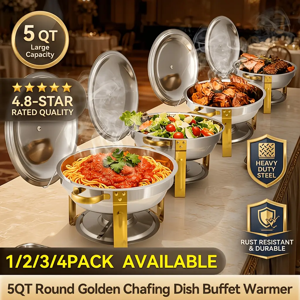 5QT Golden Stainless Steel Round Buffet Hot Pot with Lid - Durable Chafing Dish Set, Insulated Food Warmer Serving Dish for Wedding, Kitchen Events