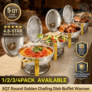 Round Buffet Hot Pot with Lid, 5QT 16.6in Golden Stainless Steel Chafing Dish Buffet Set, Insulated Food Warmer Serving Dish for Wedding Party Banquet Catering Events