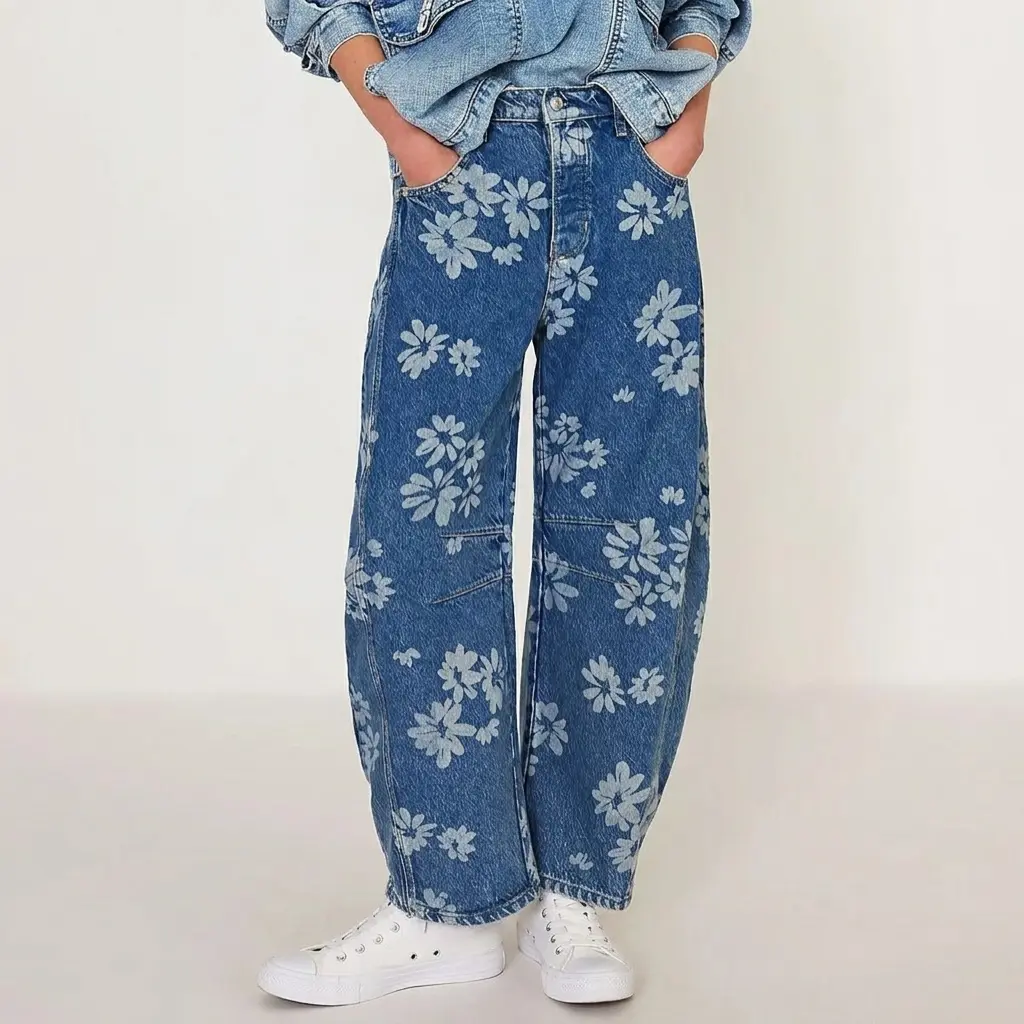 Women's Simple Floral Jeans Y2K Loose Wide-Leg Jeans Boyfriend Style Printed Stitching Jeans