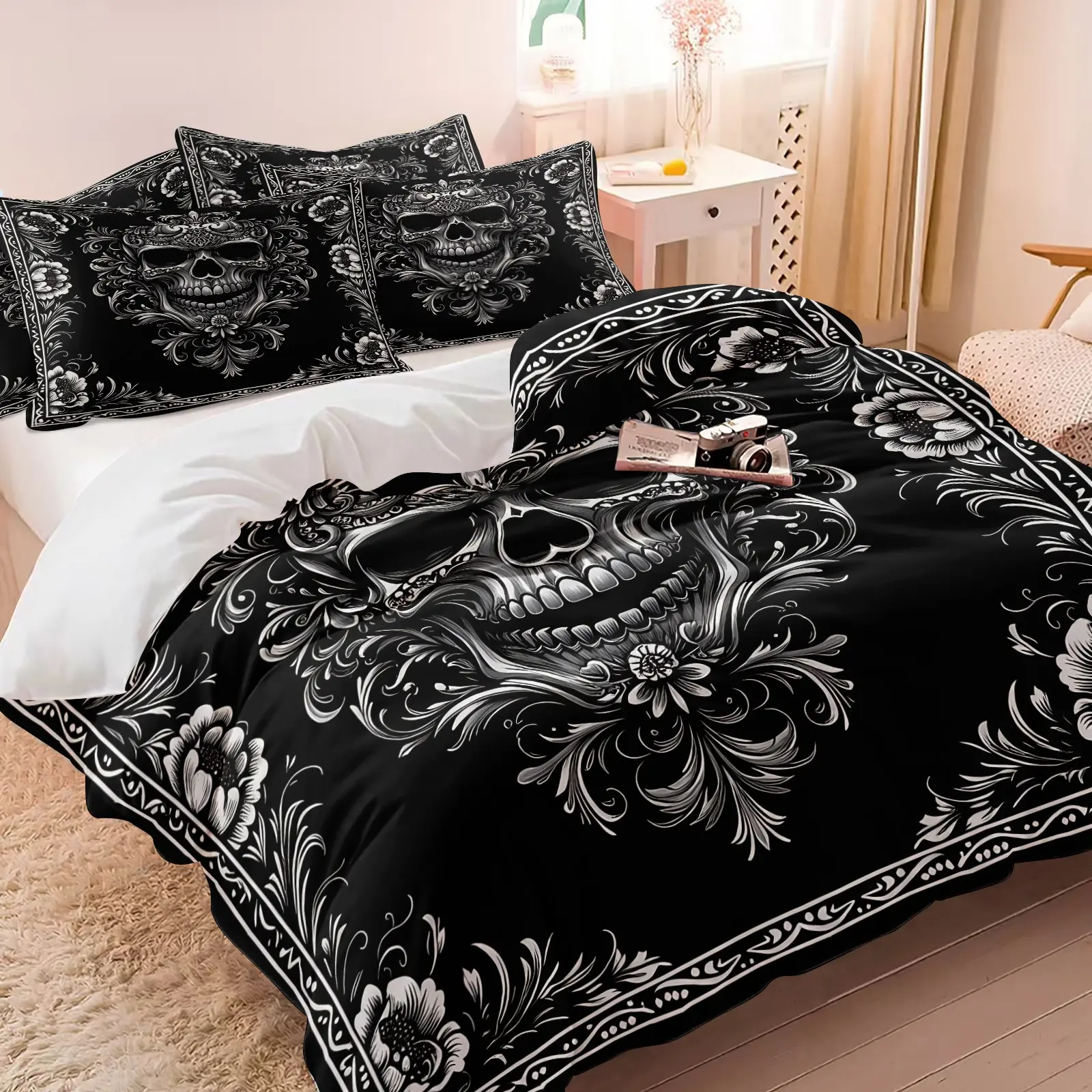 Vintage Ornate Floral Skull Black Duvet Cover Set, Includes 1 Duvet Cover + 1/2 Pillowcases, Soft Skin-Friendly Durable All Season Bedding, Perfect Sentimental Gift For Gothic Lovers, Tattoo Fans & Dark Style Bedroom Decor