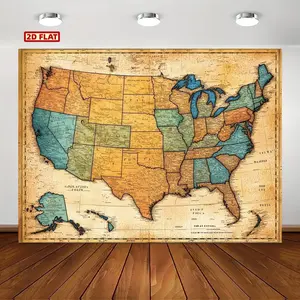 2D Flat A Backdrop Measuring 70. 8 Inches X 90. 5 Inches, Featuring a Vintage Map of the United States with All 50 States, Ideal for Birthday Celebrations, Home Decor, and Party Photo Backgrounds. Easy to Hang Both Indoors and Out