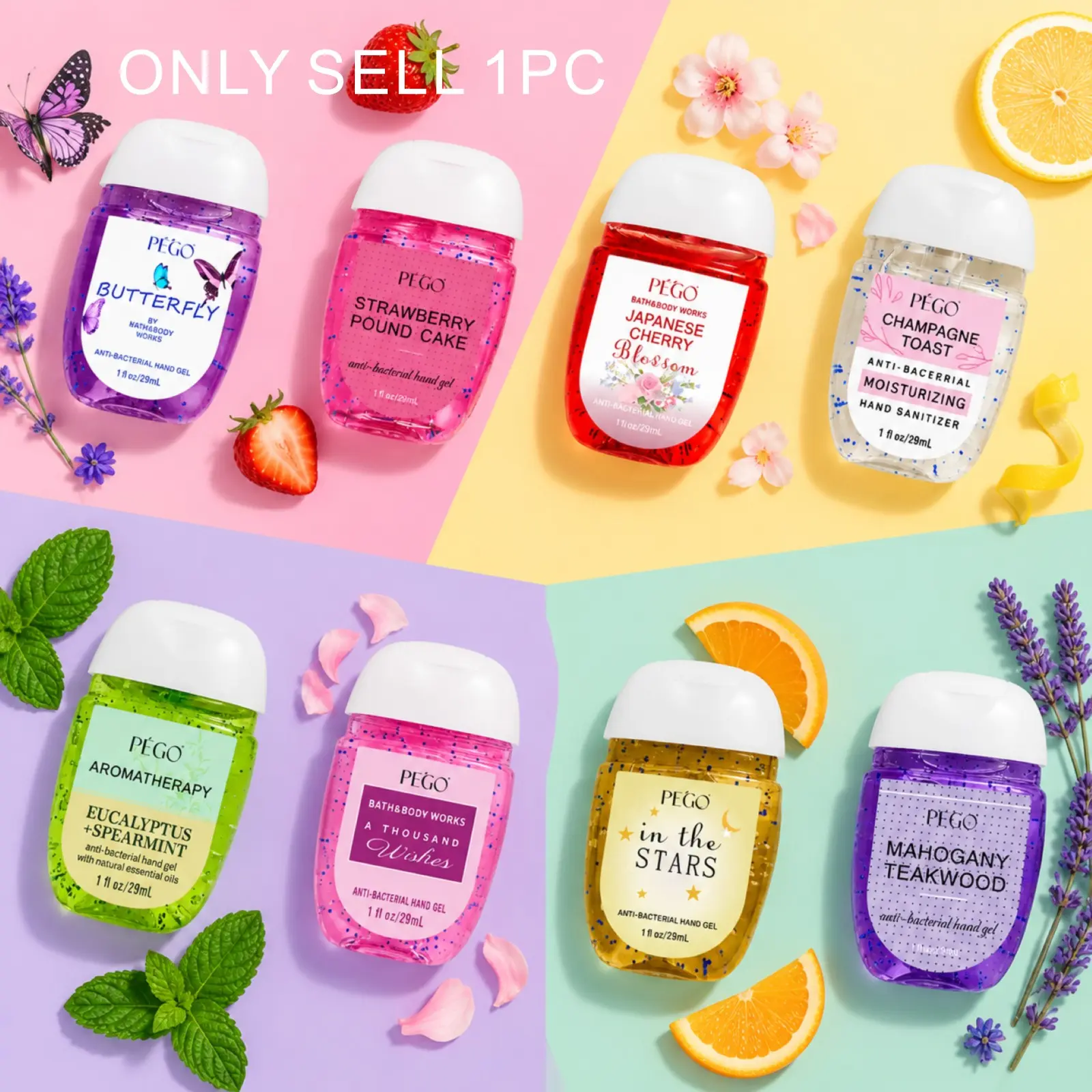 Portable Travel Hand Sanitizer ,8 Scent Choices, Small Size Bottles Fruit & Plant Scent Hand Cleansing Gel for Men & Women, Moisturizing Liquid Hand Sanitizer，29ml