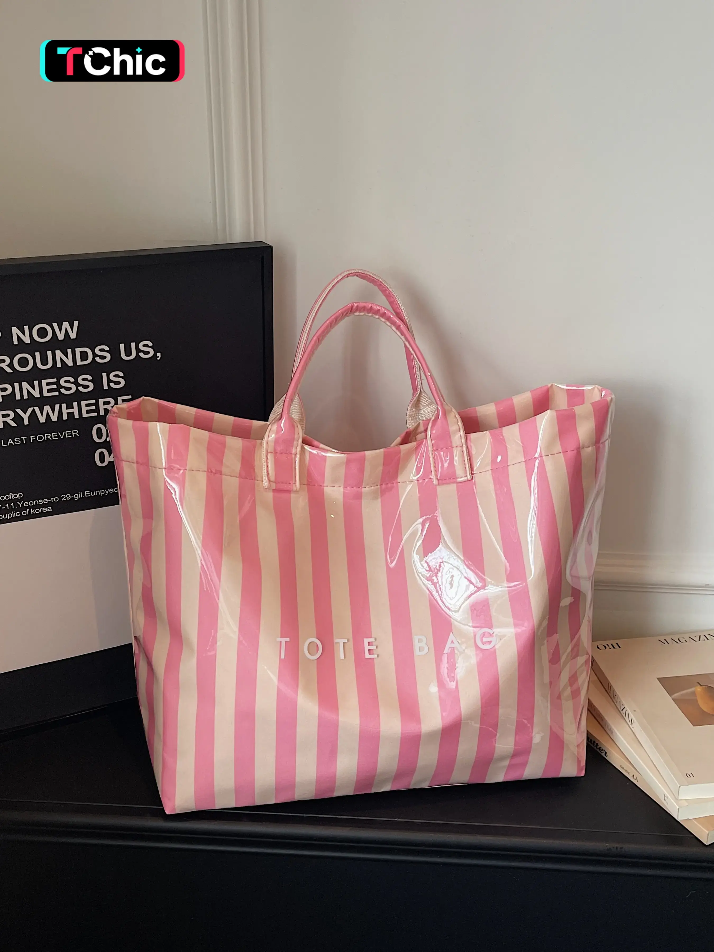 Women's Colorblock Striped PVC Handbag, Large Capacity Transparent Trendy Tote Bag, Perfect for Shopping and Vacation, Stylish and Practical, Travel Tote, Stylish Tote Bags