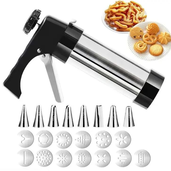 Stainless Steel 3-In-1 Press-Style Reusable Kitchen Bakeware Utensils Kit - Churros Gun, Reusable Piping Bag, 8 Pastry Nozzles, 13 Dough Cookie Cutters for Adult Dessert DIY (Indoor Recreation Use)
