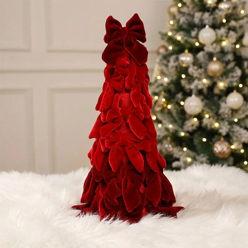 Velvet Bow Christmas Tree Desk Decoration, Dual Color Holiday Centerpiece, Home Fireplace Party Decorations