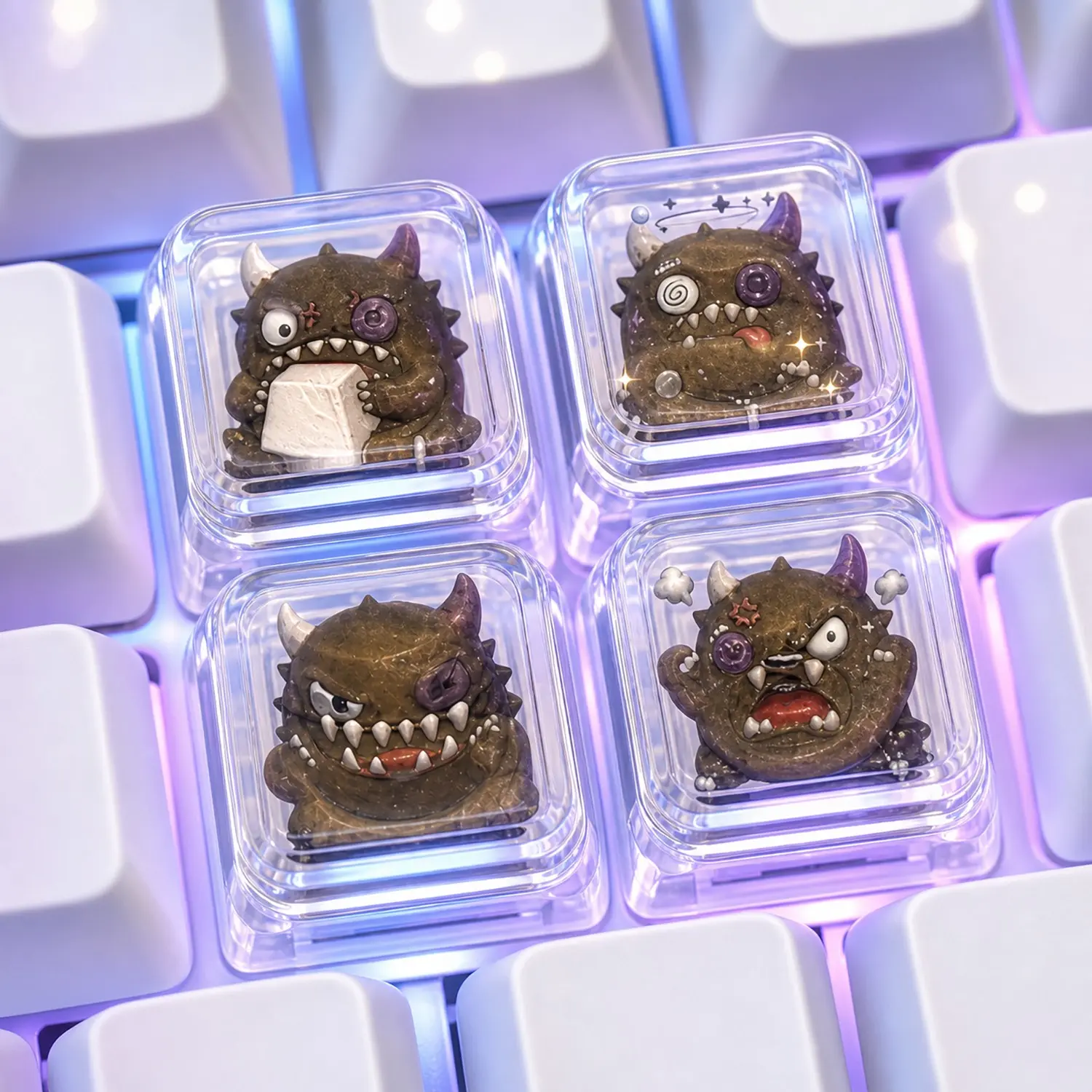 TOCOKEY 4PCS Button-Eyed Monster Keycap Set with Random Color Puller, Transparent Double-Layer XDA 1U Custom Keycaps for MX Mechanical Keyboards
