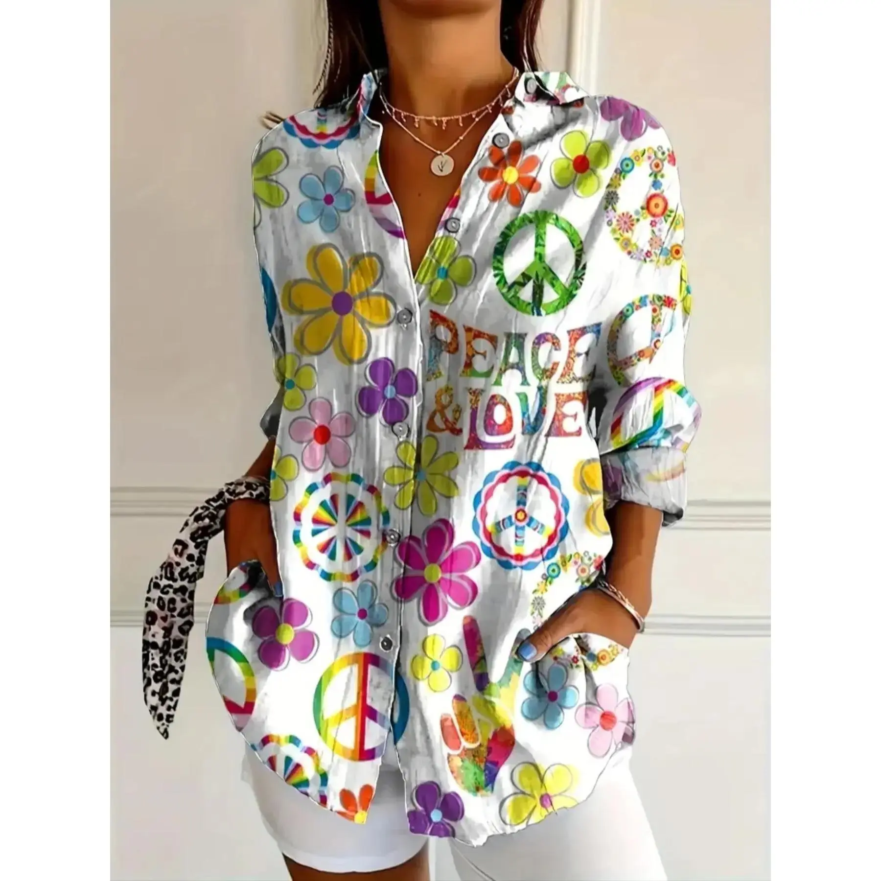 Women's Bohemian Style Long Sleeve Shirt, Vibrant Peace Love Print, Casual Button Up Blouse for All Seasons