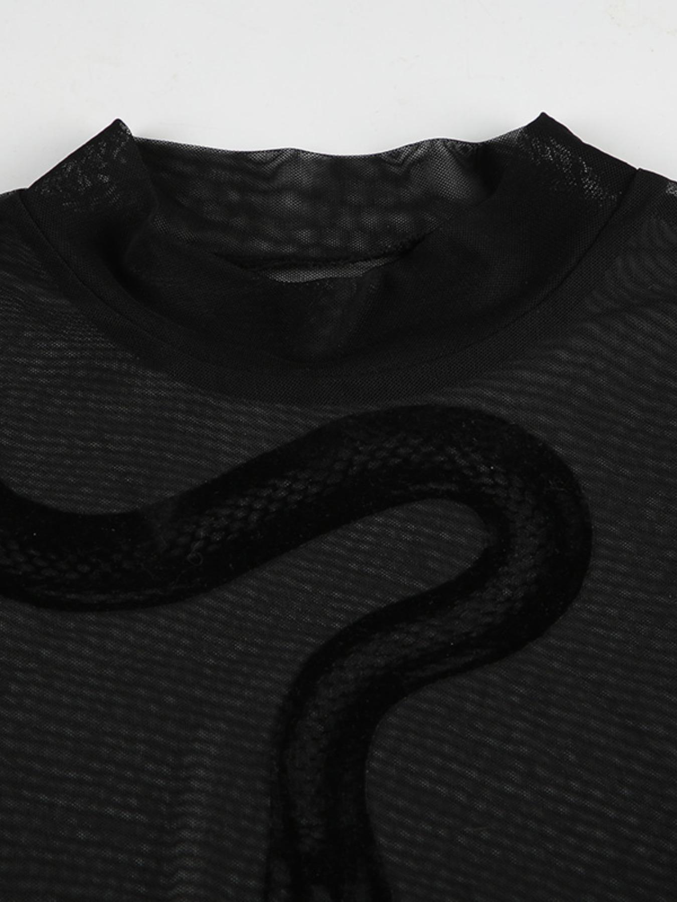 Sheer Velvet Snake Print Mesh Bodysuit, Womenswear, Sexy Slim-Fitting All-In-One for Summer, Elegant and Bold Fashion Statement Piece