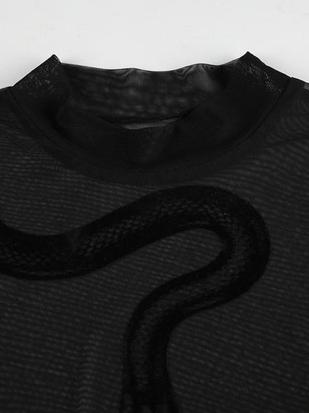 Sheer Velvet Snake Print Mesh Bodysuit, Sexy Slim-Fitting All-In-One for Summer, Elegant and Bold Fashion Statement