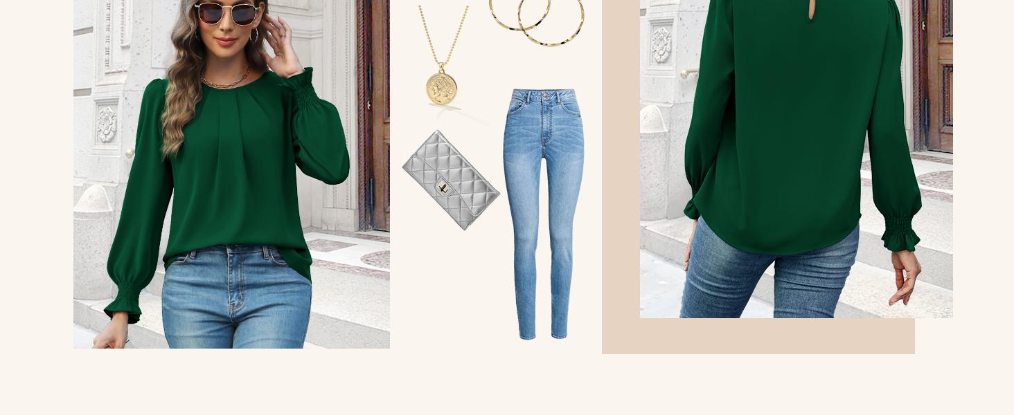 Womens Long Sleeve Chiffon Blouses Dressy Casual Smocked Work Shirts Loose Pleated Crew Neck Fall Spring 2026 Wine Red Large #Springfresh