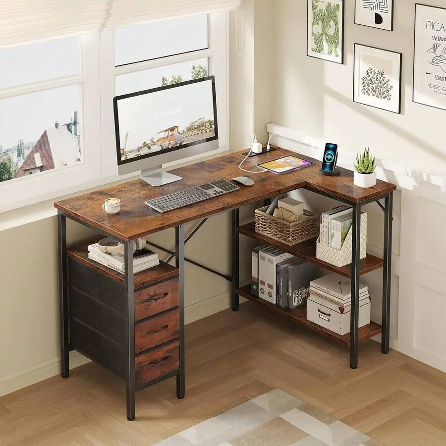 L Shaped Desk With Shelf Drawers, White Corner Computer Desks Gaming With Power Outlet, Study Table With Adjustable Shelves, Home Office Tables Bedroom Teacher Reading Writing