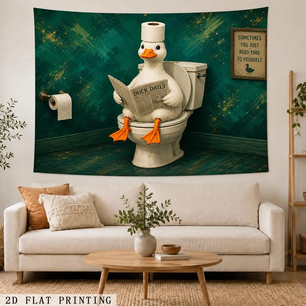 2D Flat Tapestry - Cartoonish Funny Duck on Toilet Print Artwork, Decorative Wall Decor for Restroom, Bedroom Home Supplies Backdrop & Banner