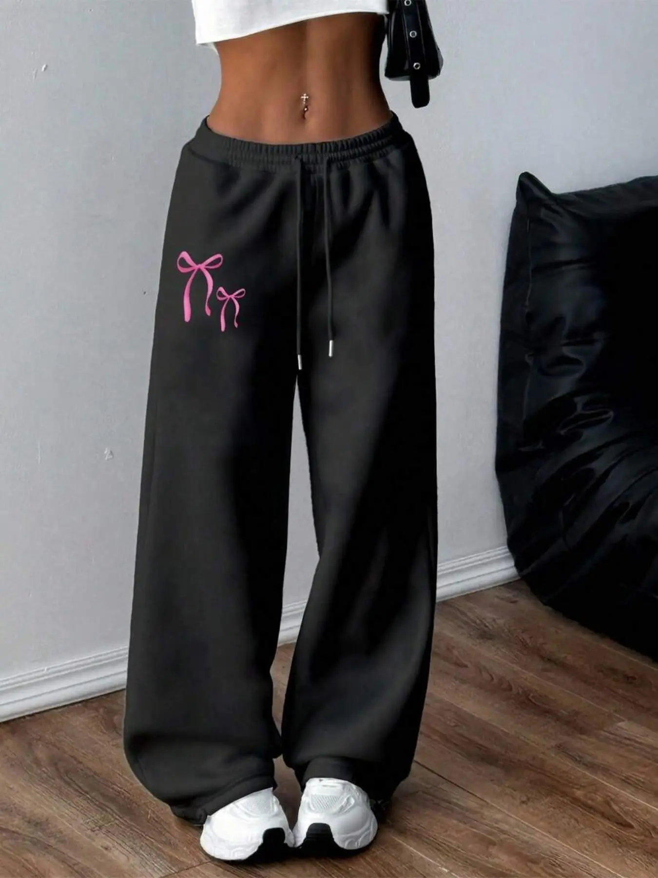 Bow Printed Drawstring Elastic Waist Wide Leg Sweatpants，Y2K Streetwear Casual Daily Lounge Workout Going‑out Outfit，Loose Fit Trendy Aesthetic Bottoms，Soft Cozy Relaxed Silhouette Fashion Graphic Sweatpants