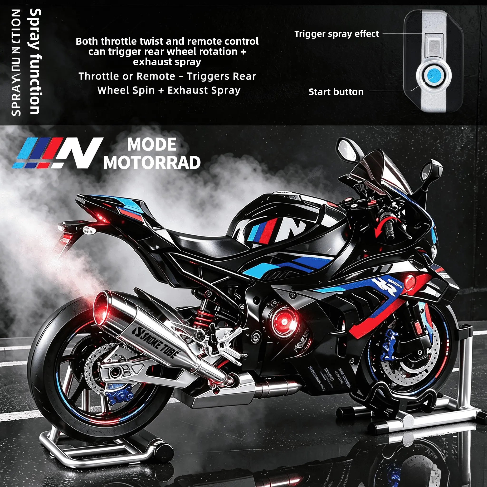 New S1000RR alloy die-cast super motorcycle model, featuring dual trigger/remote control and throttle control spray function, rotatable rear wheel, light and sound simulation of a motorcycle, a collectible desktop decoration, a gift for motorcycle enthusi