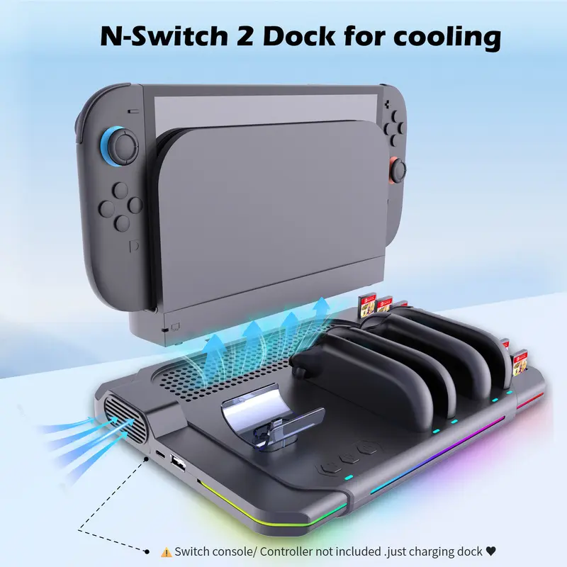 The new Switch 2 controller charging dock, featuring a slim design that can charge four Joy-Con controllers simultaneously and includes a slot for storing game cards.