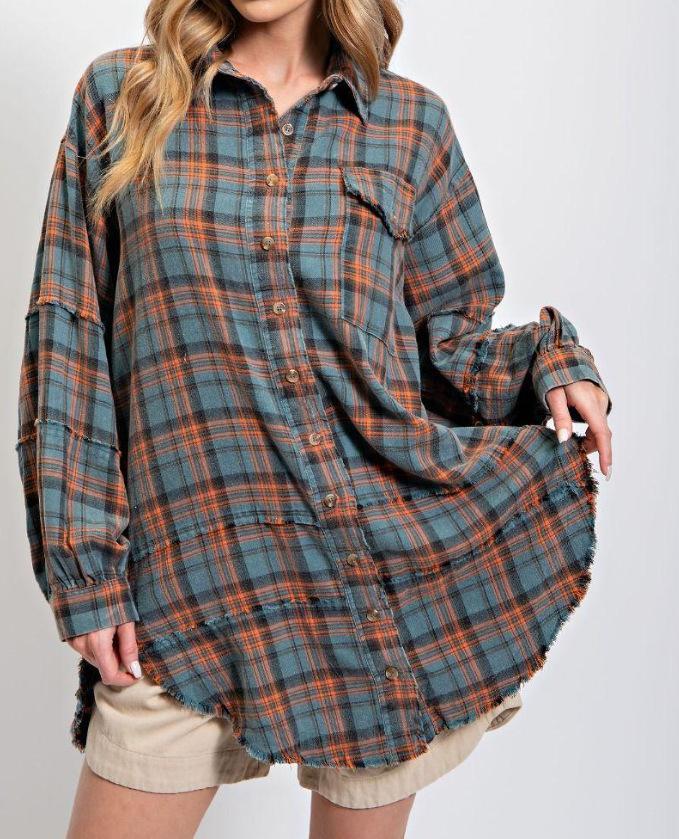 Women's Autumn and Winter New Frayed Lantern Sleeve Loose Button Plaid Shirt Top Womenswear
