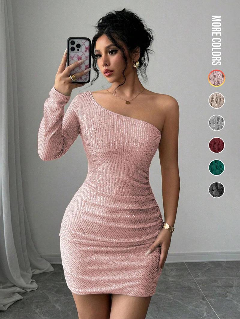Women's Off Shoulder  Sequins Bodycon Dress, Elegant Fashion Short Dress for Party Club Dating Wear, Ladies Dress for All Seasons