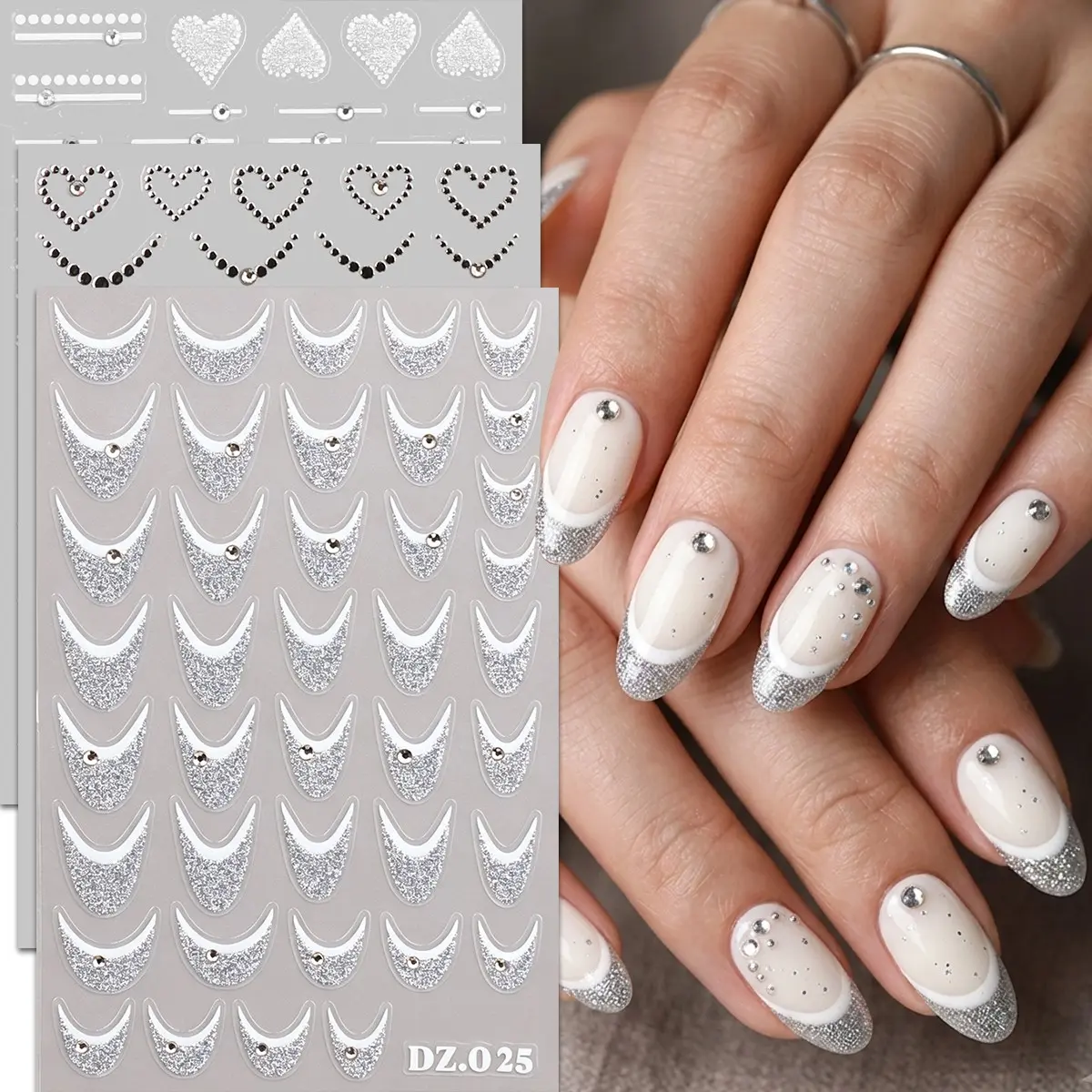 3-Piece Shiny Silver Nail Art Stickers Set, French Manicure Decor, Heart and Bow Patterns, DIY Nail Supplies, Elegant Style