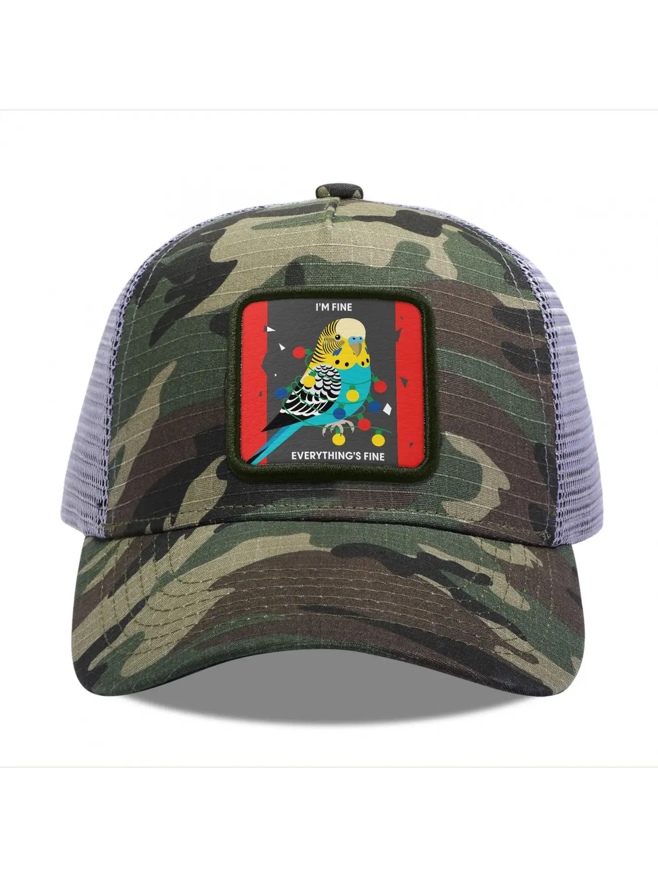Parrot with Christmas lights I'm fine everything's fine Camouflage Mesh Baseball Cap for Men & Women - Adjustable Snapback Trucker Hat, Breathable Back for Hiking, Fishing, Camping, Golf & Casual Outdoor Attire Camouflage Random