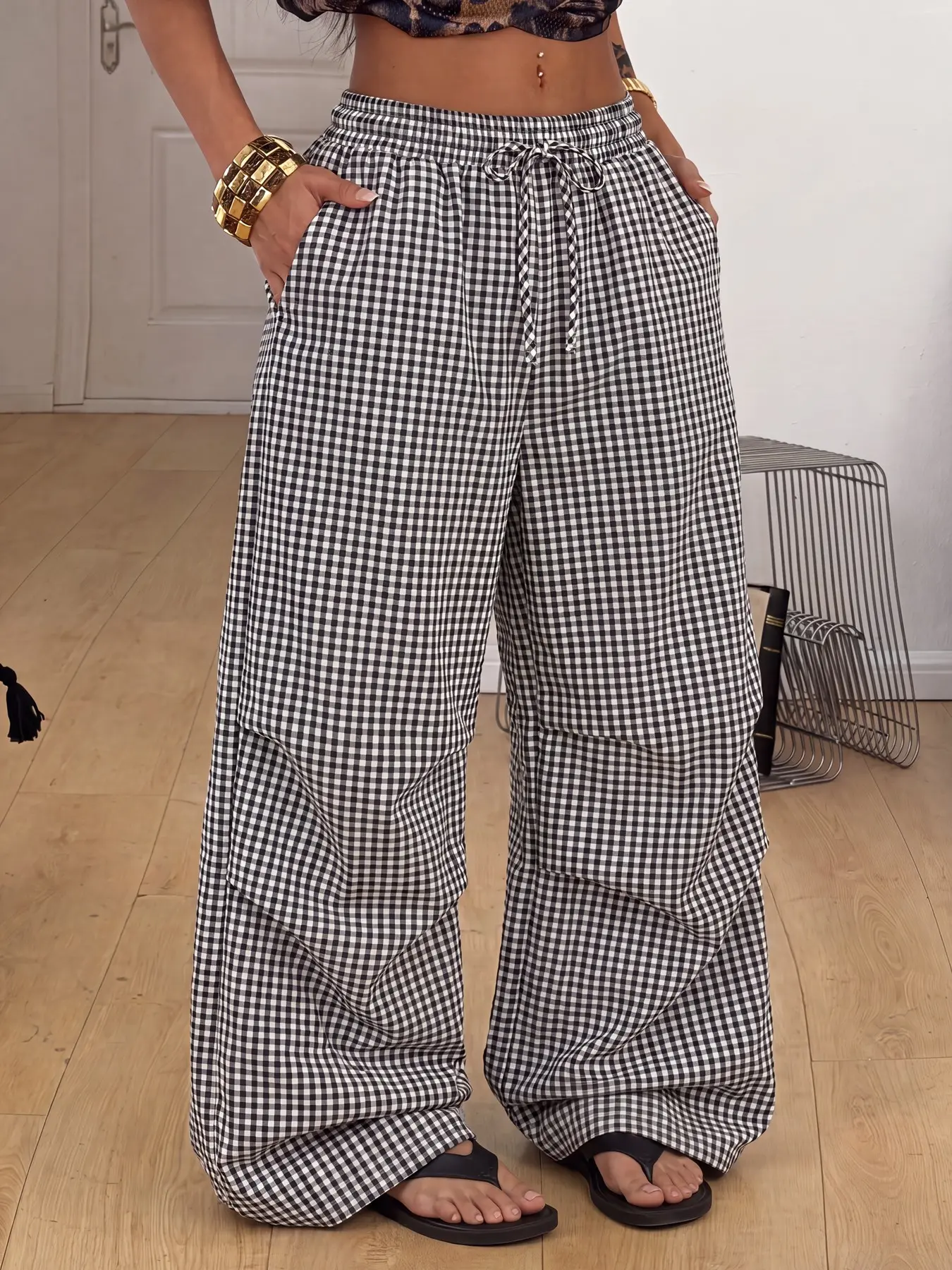 Women's Plaid Long Pants, Casual Elastic Waisted, Elastic Waist Drawstring Loose Fit, Adjustable Ankle Design, Cotton Comfortable Wide Leg Trousers