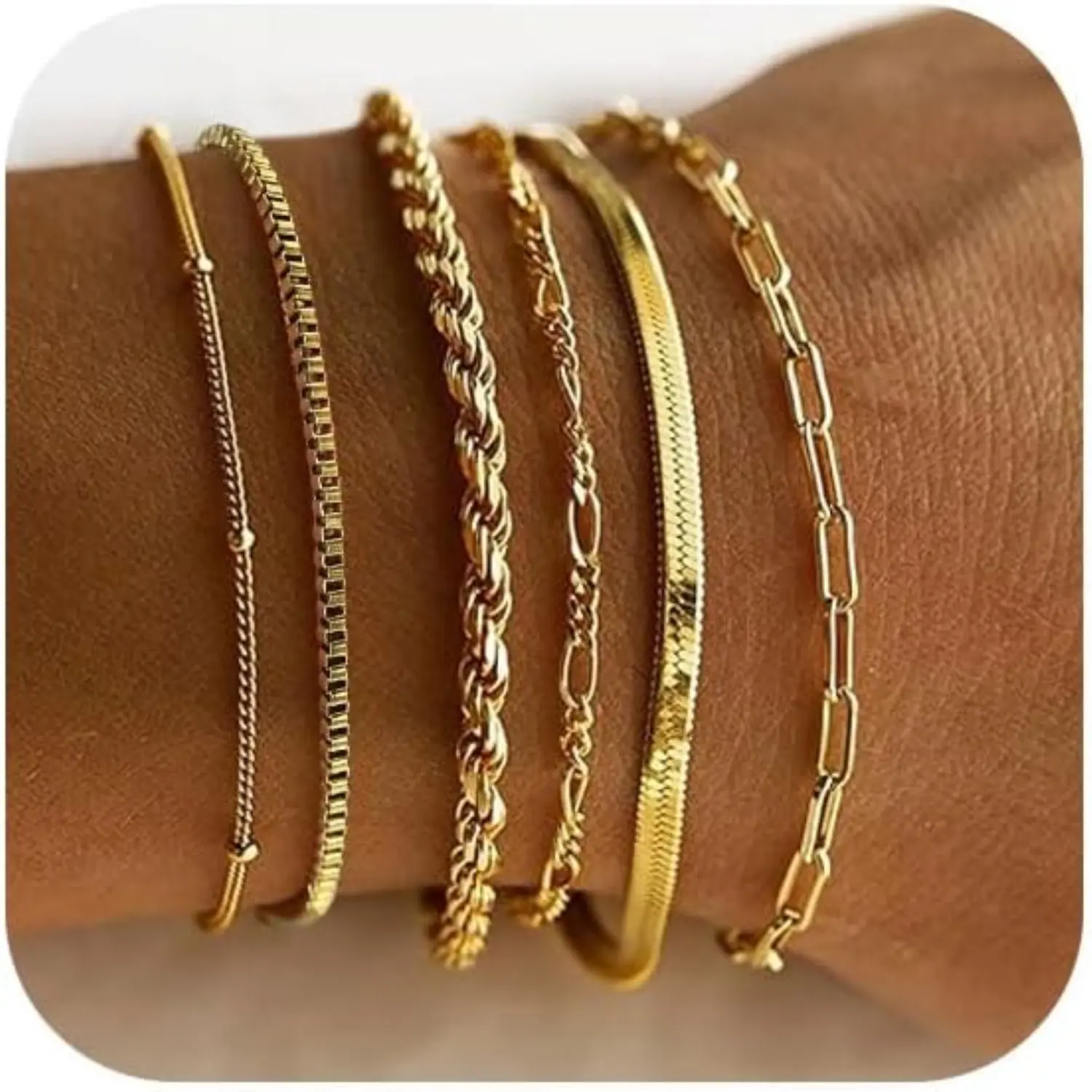 6Pcs Golden Plated Bracelet Set for Women, Delicate Stackable Jewelry Set, Waterproof Tennis Bracelet, Cute Cuban Chain & Paperclip Bracelet Stack