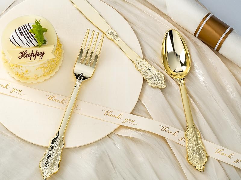 Bestluck 175PCS Gold Plastic Plates for 25 Guests, Disposable Dinnerware Sets Include 50 Gold Rim Plastic Plates, 25 Silverwares, 25 Cups, and 25 Pre Rolled Napkins for Party, Wedding and Graduation