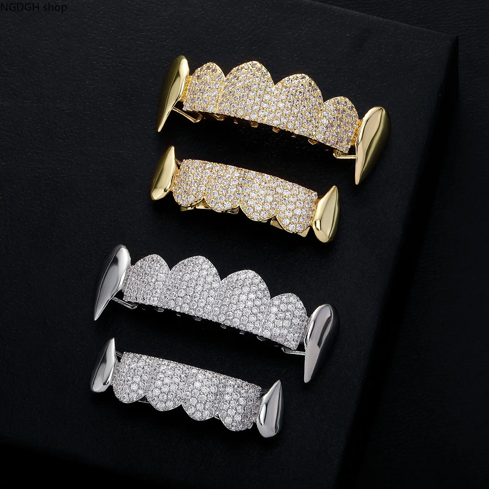 Hip Hop Fang Grillz - Iced Out Diamond Teeth Grills, Gold Silver Bling Fang Caps, Perfect Luxury Mouth Jewelry for Men Women & Party Statement Piece