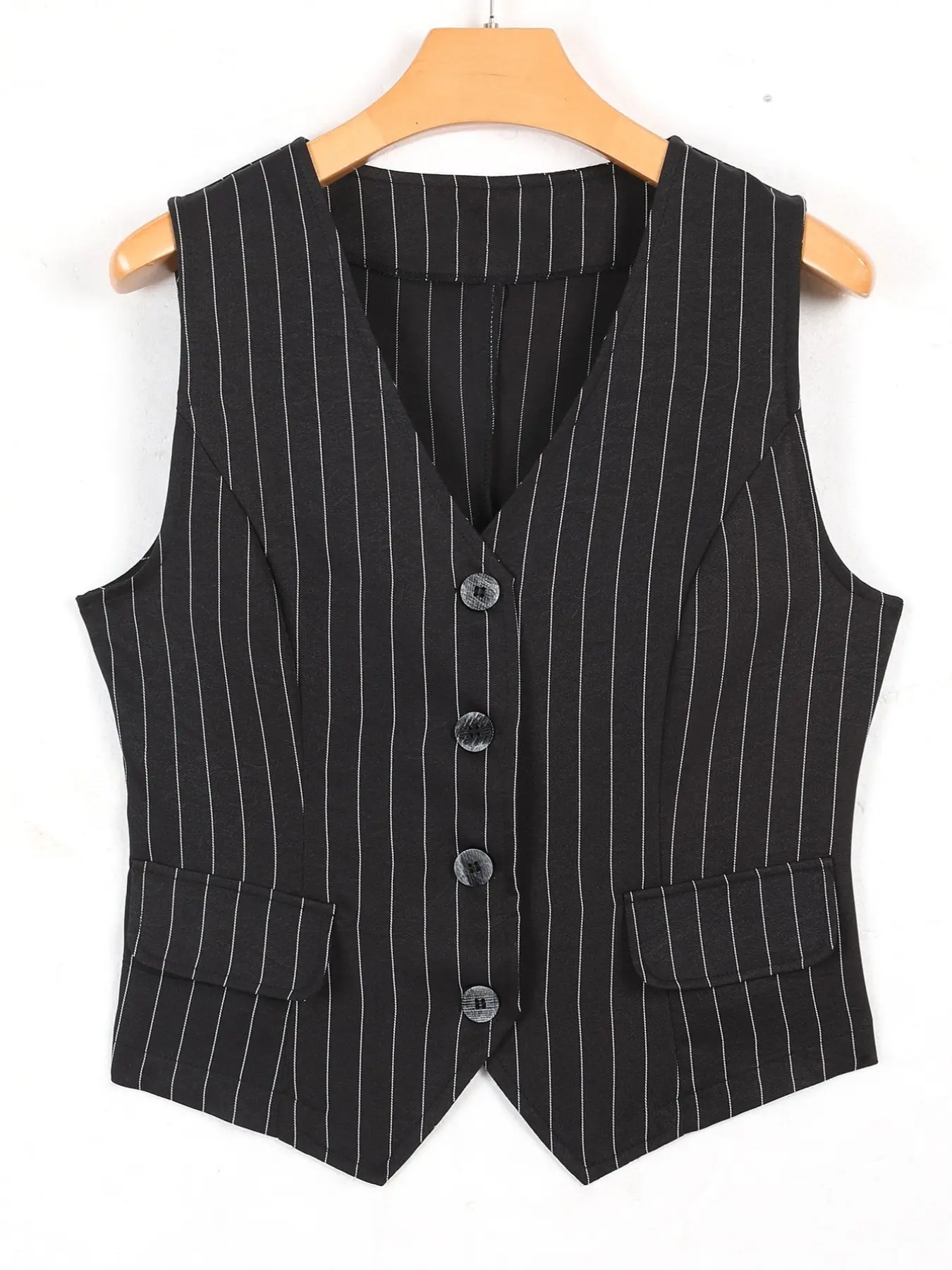 Women's Striped Blazer Vest, Sleeveless Blazer, V-Neck Single Button Fitted Short Design, College Style British Vintage, Layering Slimming Elegant, Fall New Arrival