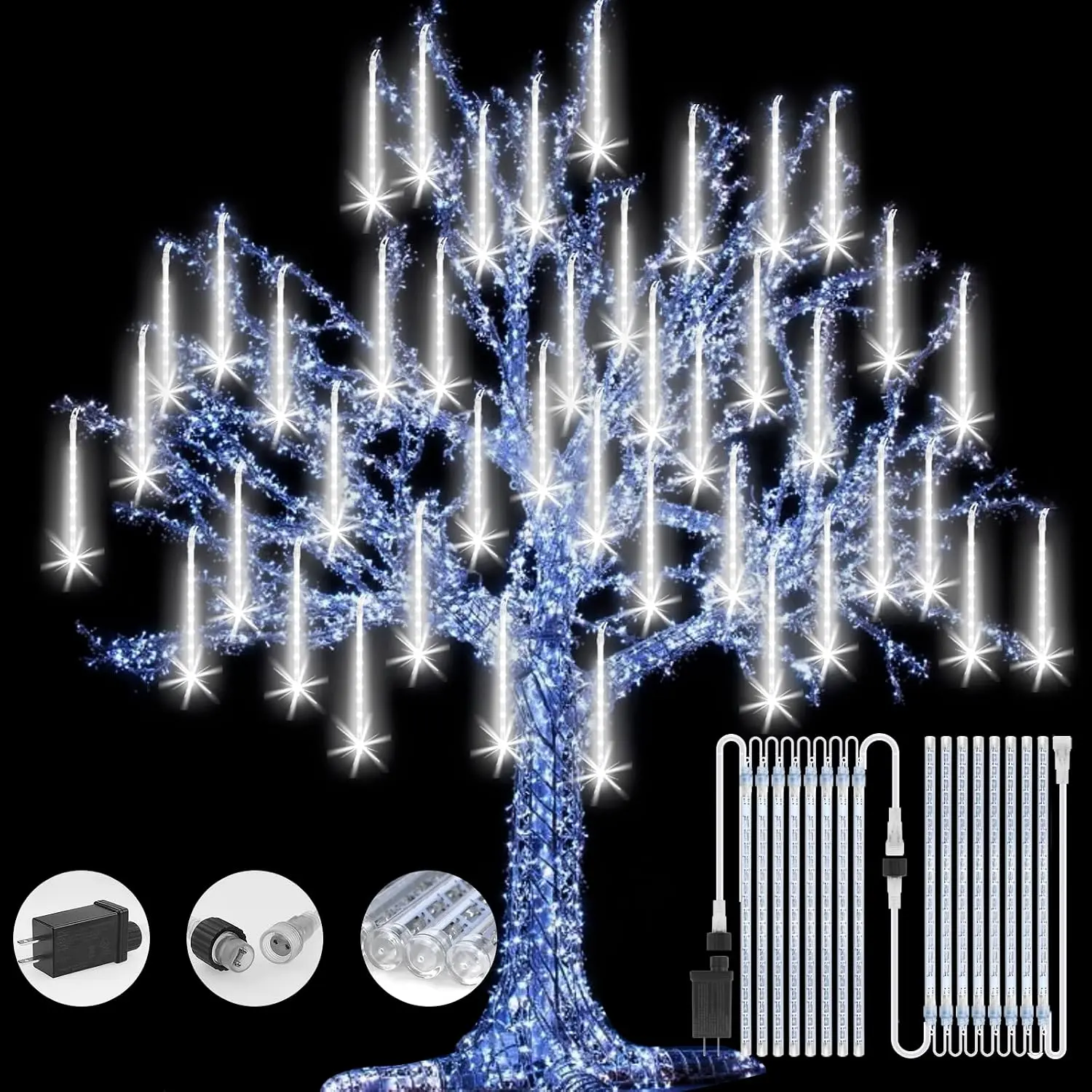 Meteor Shower Rain Lights with 16 Tubes 384 LEDs  Icicle Snow Fall String Lights for Party Tree  Patio Outdoor Decoration (16 Tubes, White)