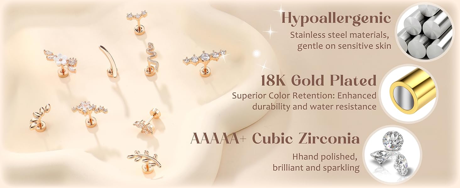 ZELORES  9Pcs Flat Back Cartilage Earrings for Women Trendy 16G Tragus Conch Helix Piercing Jewelry Stainless Steel Snake Star CZ Flat Back Stud Earrings Set