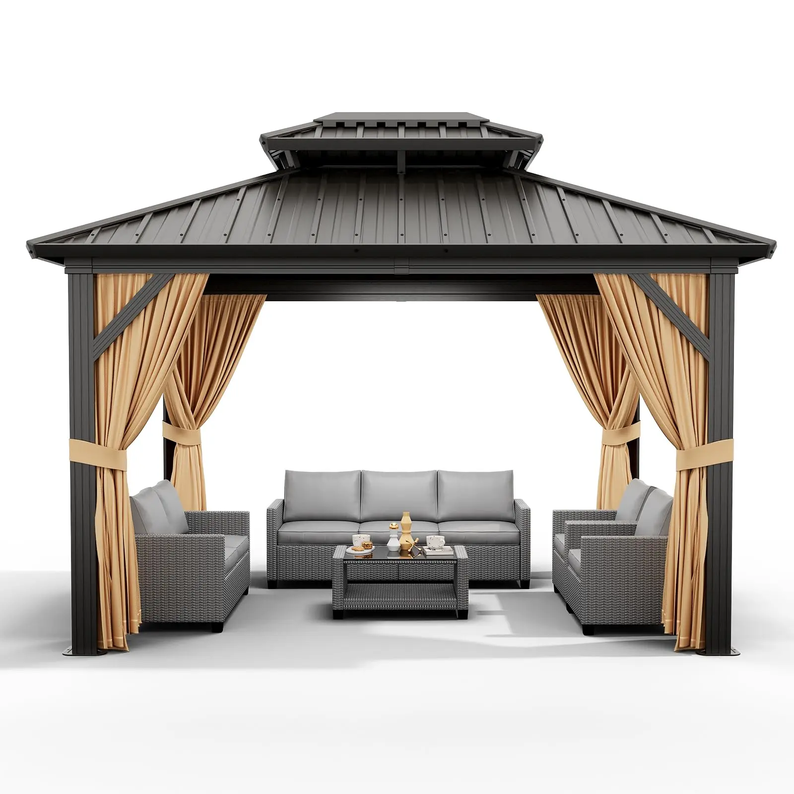 GARVEE 10x12 FT Hardtop Gazebo with Double Galvanized Iron Roof, Netting, Curtains, Sturdy Aluminum Frame, Spacious Outdoor Patio, Backyard, Garden Shelter with UV Protection and Easy Assembly in Brown