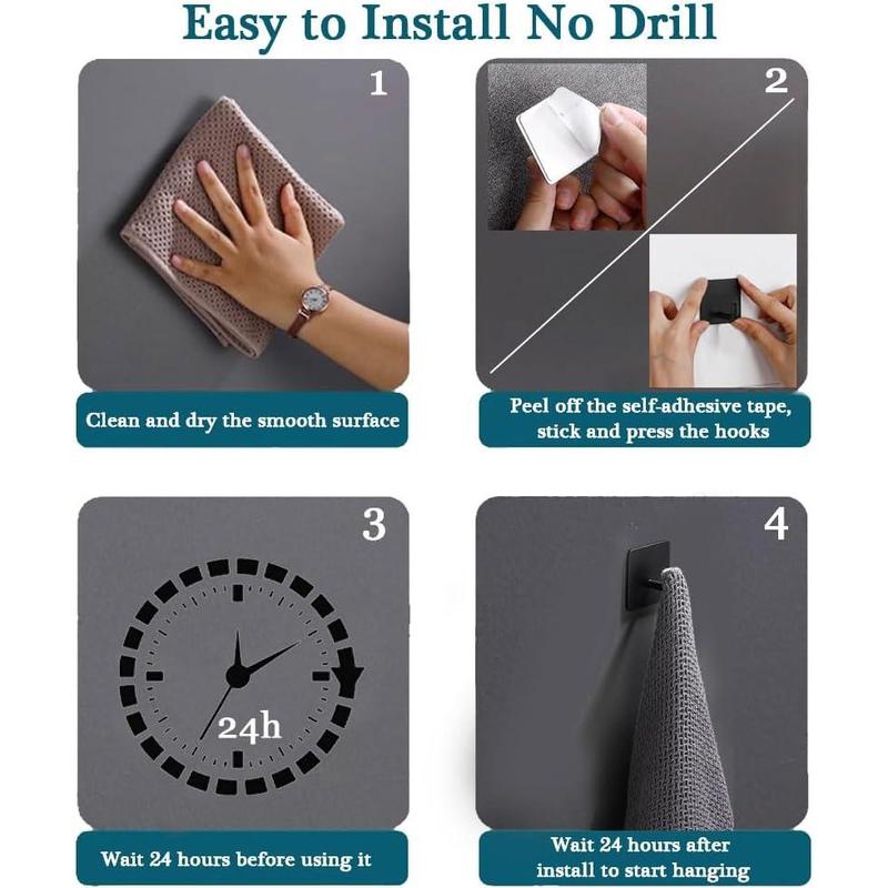 Adhesive Hooks for Hanging, Self-Adhesive Wall Hook for Key Hat Coat, No Drill Stick on Bathroom Towel Hooks, Shower Kitchen Door  Outdoor 8 Pack, Black