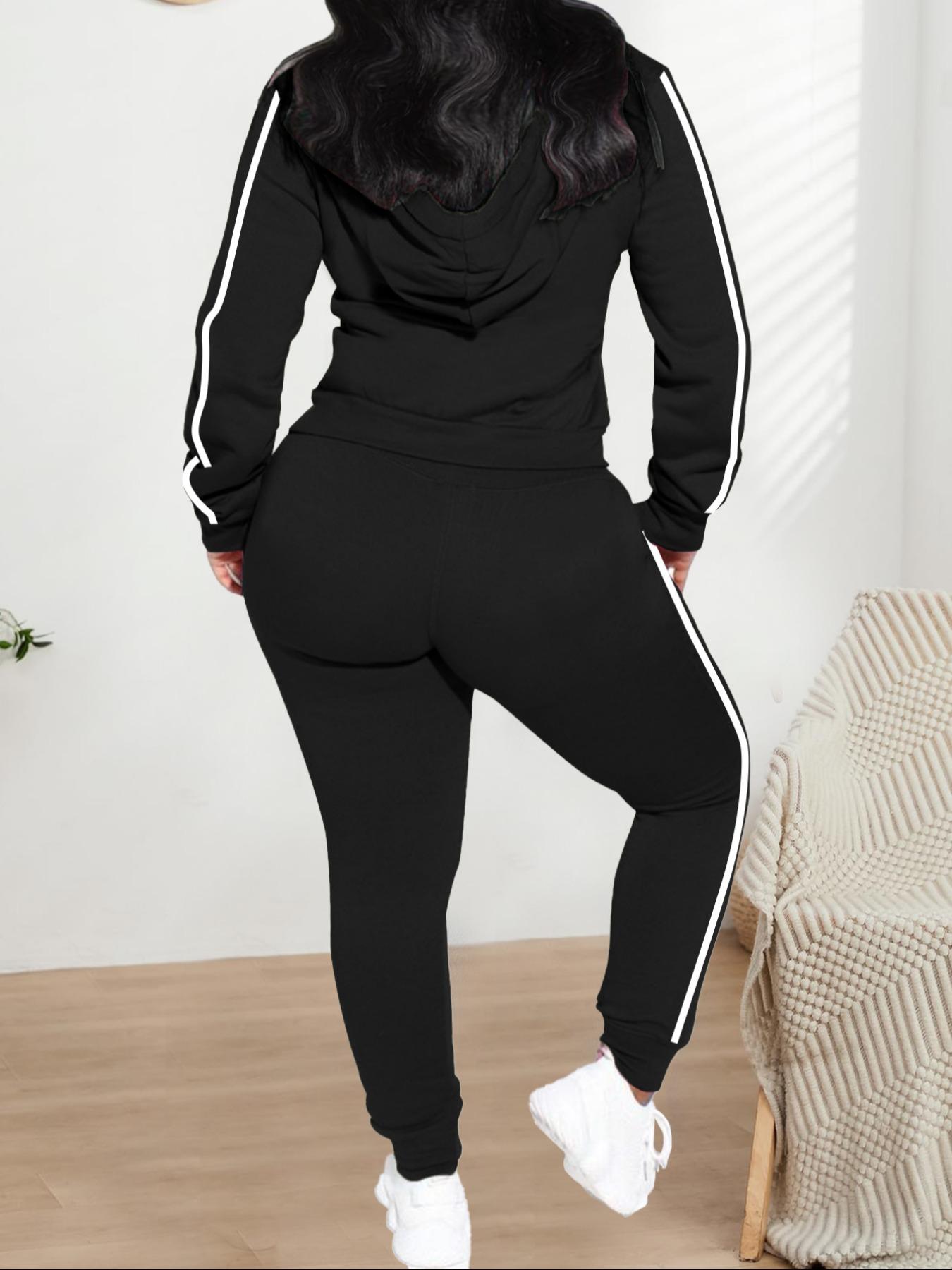 Women's Fall Winter Casual Fitted Two-Piece Set, Solid Color Hooded Zipper Sweatshirt & Long Pants, Comfortable Daily Wear, Womenswear