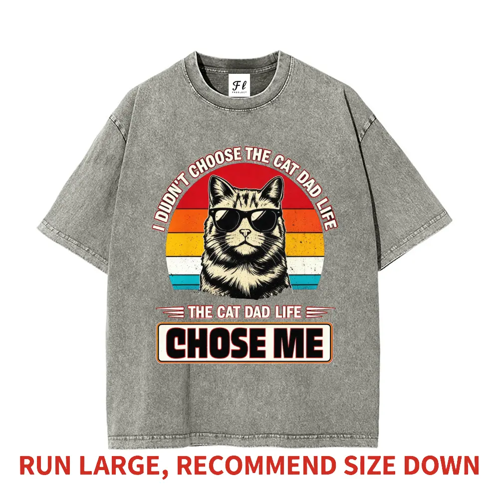 The Cat Dad Life Chose Me Retro Sunset Distressed Cat Dad Heavyweight Boxy Fit T-Shirt Vintage Washed Extremely Oversized Pure Cotton Graphic Tee