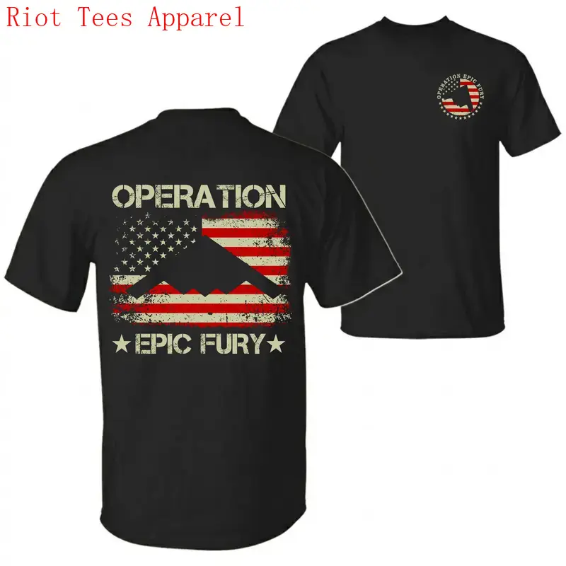 US Air Force B-2 Spirit Stealth Jet Operation Epic Fury with American Flag T-Shirt, USA Patriotic Pride 2 Sided Design Unisex Cotton T-shirt for Men for Women Menswear Womenswear Top