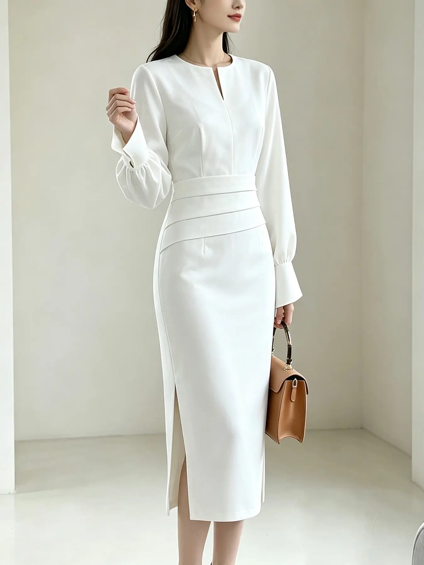 Elegant Round Neck V-Neck Long Sleeve Dress, Slim Fit Waist Cinch, Split Design, Business Casual Office Party Gown, Medium-Length Professional Dress