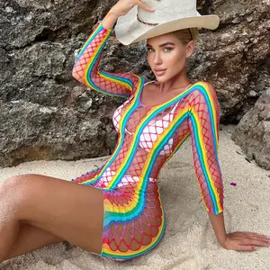 Rainbow Striped Hollow Bikini Wrap Hem Mini Mesh Dress