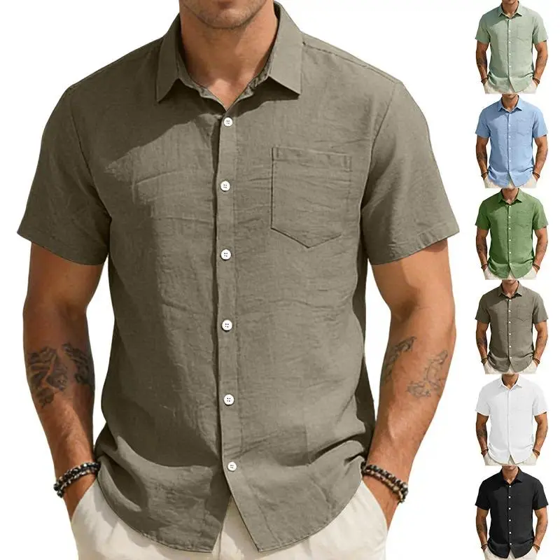 Menswear Beige Fitted Cotton Vintage Slim-Fit Short-Sleeved Collared Button-Down Plain Shirt with Chest Pocket, Breathable Casual Wear for Daily & Vacation Use